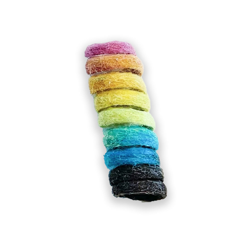 A bouncy, colorful wool cat toy.