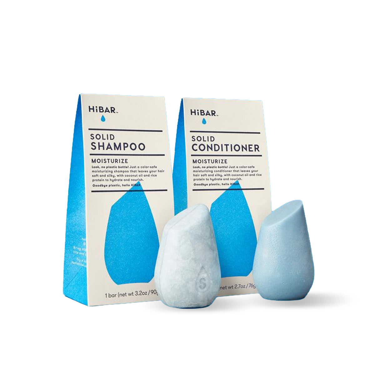 Moisturize HiBar solid shampoo and conditioner bars with packaging on a white background