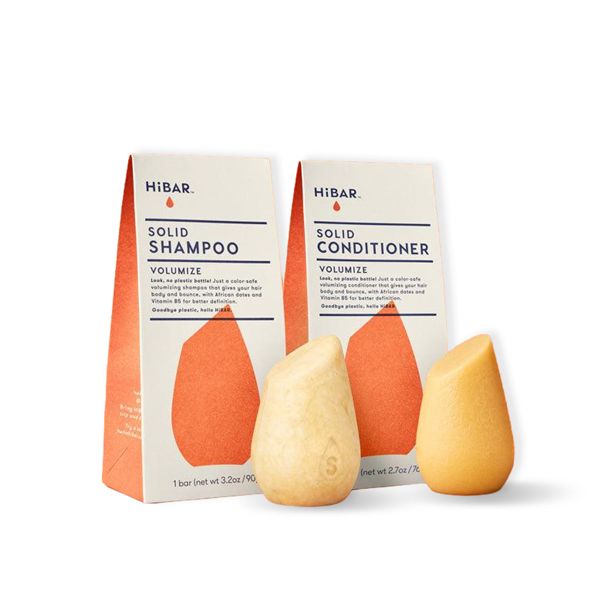 HIBAR volumize solid shampoo and conditioner bars with packaging on a white background