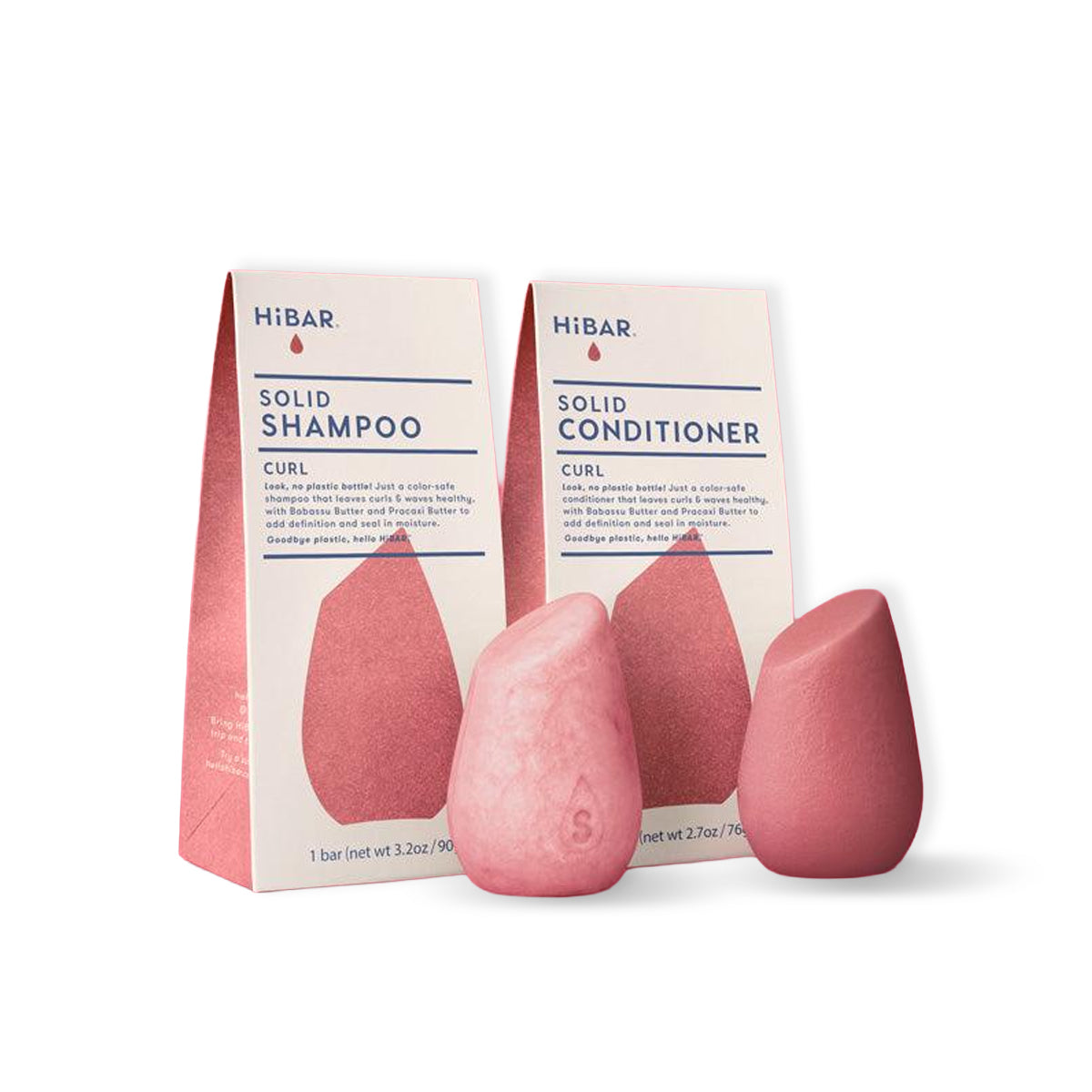 Pink shampoo and conditioner curl  bars with packaging on a white background