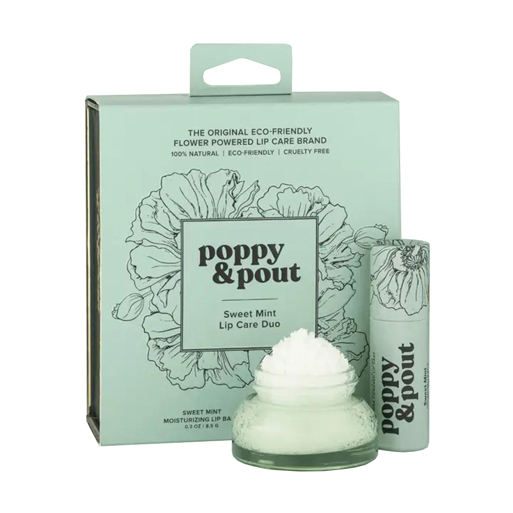 Poppy & Pout lip care duo with packaging on a white background