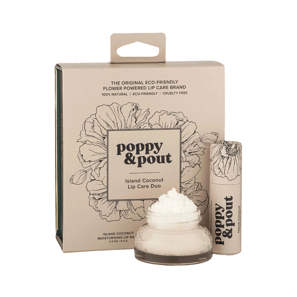 Poppy & Pout lip care products including a box, jar, and tube on a white background