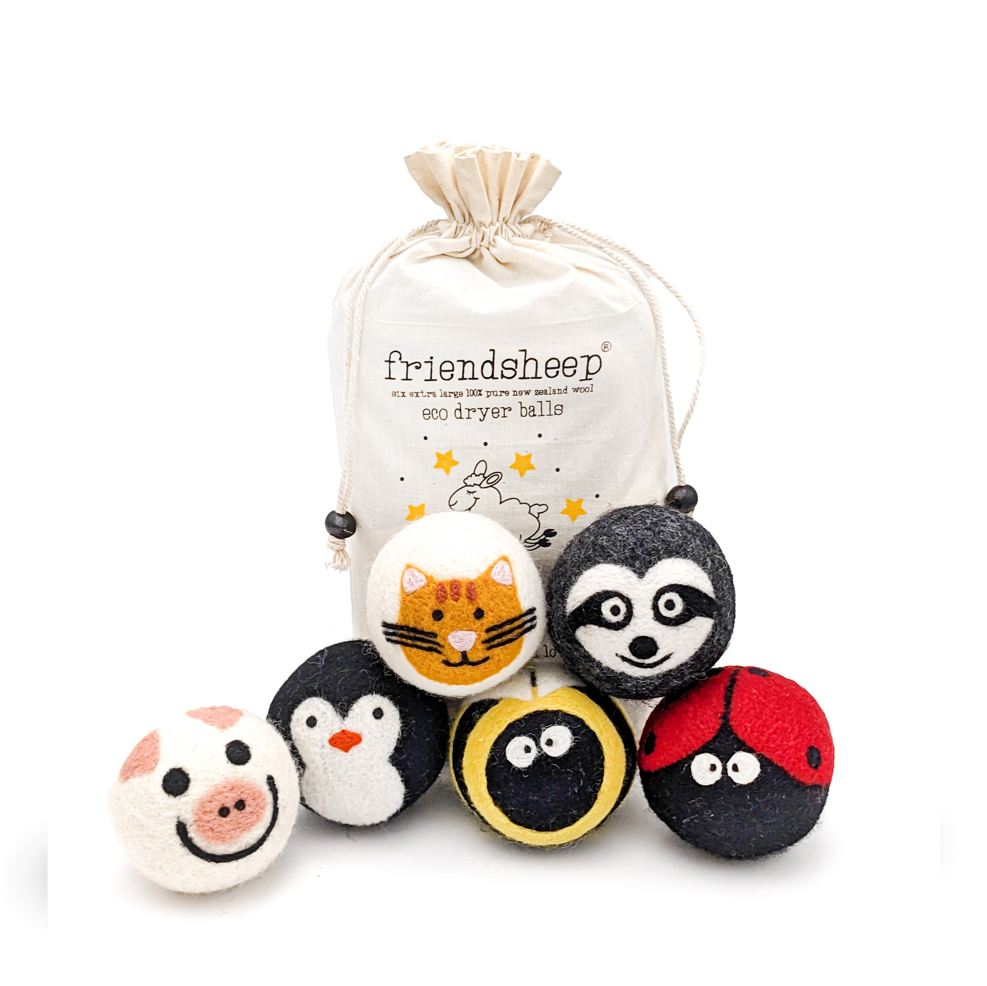 Set of six wool dryer balls featuring pig, penguin, bee, cat, ladybug, and raccoon designs with a cotton drawstring bag. Organic, cruelty-free, and compostable.