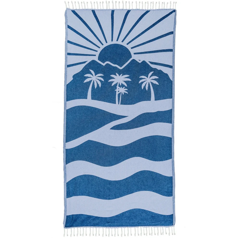 Blue and white sea, sun an palms Turkish cotton beach towel with a detailed design, absorbent and compact.