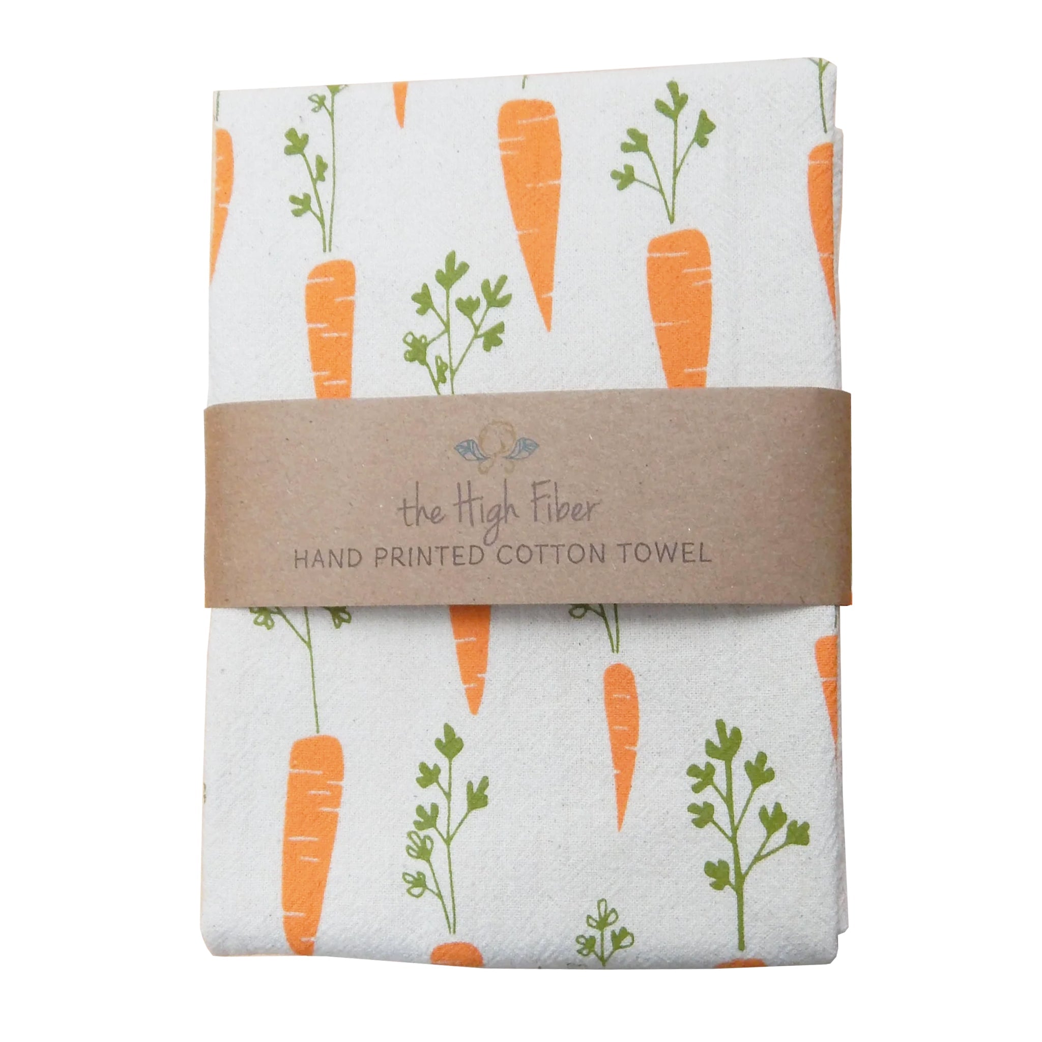 A white hand printed organic cotton tea towel, featuring a pattern of orange carrots with green tops.