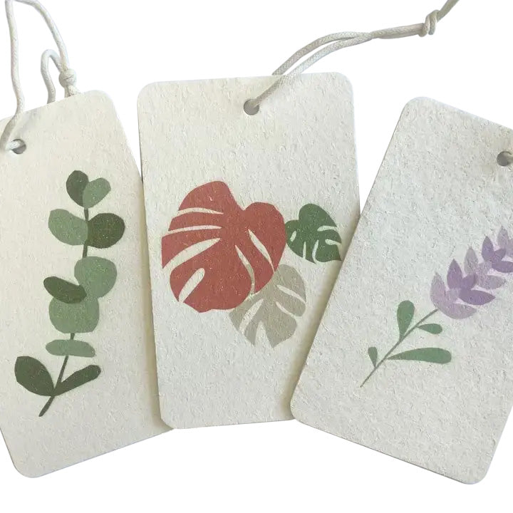 Set of three compostable eco sponges from the Botanical collection, featuring plant images, made from 100% compostable materials.