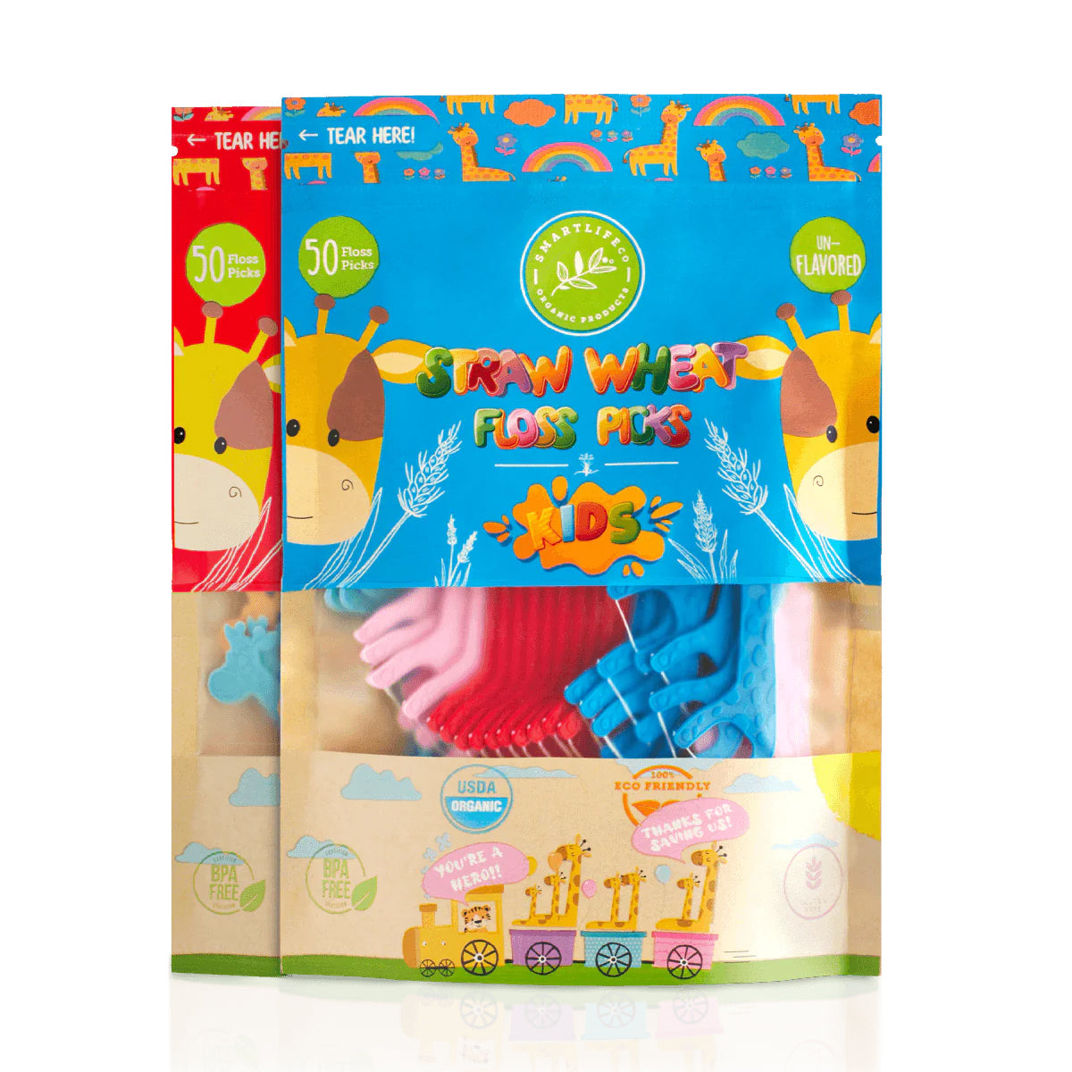A colorful package of "Smart Life Co KIDS" straw wheat floss picks. The package shows giraffes and a train, with the floss picks in blue, pink and red, a cute way to get kids to floss