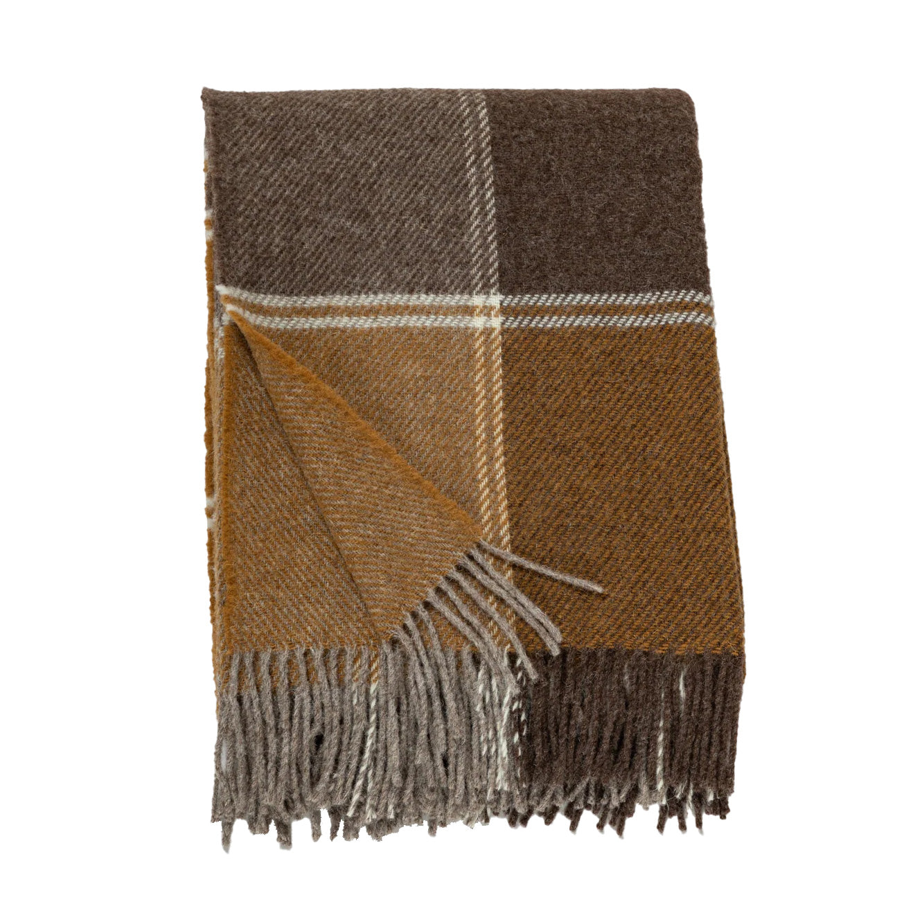 Folded wool blanket in warm autumn tones of brown, mustard yellow, and cream with fringe on one edge.