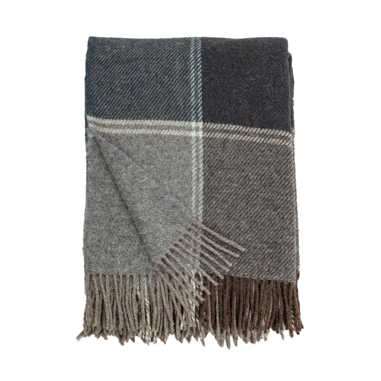Folded wool blanket in classic plaid pattern featuring charcoal, gray, and cream colors with fringed edges.